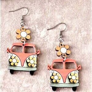 Colorful Retro Boho VW Bus Wooden Stainless Steel Earrings Pink 1 pair